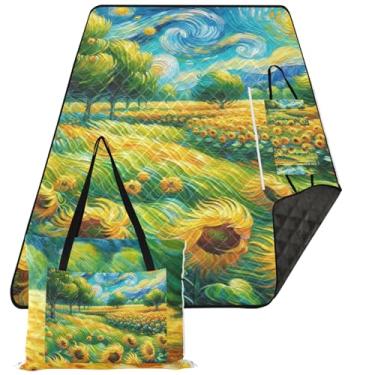 Imagem de TSENQUE Cobertor de praia de girassóis campo noite estrelada sem areia impermeável, tapete de brincar ao ar livre para grama, cobertores de piquenique dobrável, grande, 299,7 cm x 203,2 cm