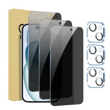 Imagem de Pacote com 3 + 3 protetores de tela de privacidade para iPhone 15 com protetor de lente de câmera cobertura total, película de vidro temperado anti-espião, dureza 9H, fácil instalação, sem bolhas [6,1