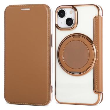 Imagem de Capa carteira para iPhone 14 Plus com 3 compartimentos para cartão, bloqueio RFID, suporte de anel giratório de 360° e compatibilidade magnética, capa traseira transparente à prova de choque, suporta