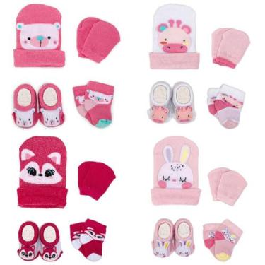 Imagem de Kit 4 Conjuntos Bebê Menina Recém-Nascido Touca Luva Meia e Pantufa Ma