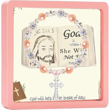 Imagem de SODLYUE Pulseira de cruz para mulheres, meninas, rosário, presentes cristãos, fé, Páscoa, católica, religiosa, cristã, ideias para filha, neta, sobrinha, Pedra, Sem Pedra Preciosa