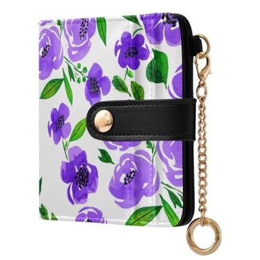 Imagem de SEHANY Carteira feminina elegante com flores roxas com bloqueio de RFID, compacto, porta-cartão de crédito de couro PU, dobrável para moedas, carteiras para mulheres e adolescentes