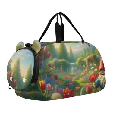 Imagem de Bolsa esportiva de Natal para meninas Highland Cow, bolsa de viagem para fim de semana, compartimento para sapatos noturnos, bolsa esportiva para meninos, Beija-flor primavera e gnomo no jardim