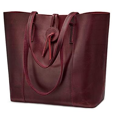 Imagem de S-ZONE Bolsa vintage de couro legítimo para mulheres, bolsa de ombro grande, Vermelho