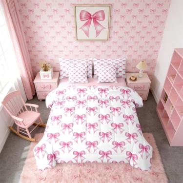 Imagem de Erosebridal Jogo de cama kawaii casal com laço e laço em uma bolsa para crianças, meninas, edredom com estampa de laço e lençol rosa