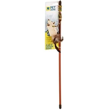 Imagem de Pet Zone Play-N-Squeak Tether Teaser Wand Brinquedo de gato com som real do mouse | Brinquedo interativo provocador de gato para exercícios, união e instintos de caça
