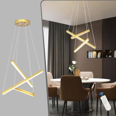 Imagem de Mccokaige Lustre de LED moderno de 3 luzes dourado de 40,6 cm para cozinha, lustre de LED linear regulável para quarto, luz pendente moderna com controle remoto para sala de estar, cozinha, quarto