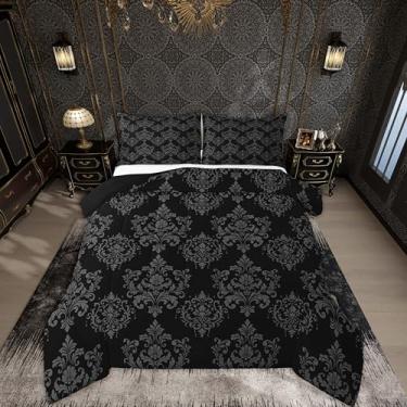 Imagem de jejeloiu Conjunto de edredom com estampa de damasco, preto, gótico, floral, para crianças, meninos, meninas, vintage, damasco, floral, edredom para decoração de quarto, microfibra, 3 peças com 2