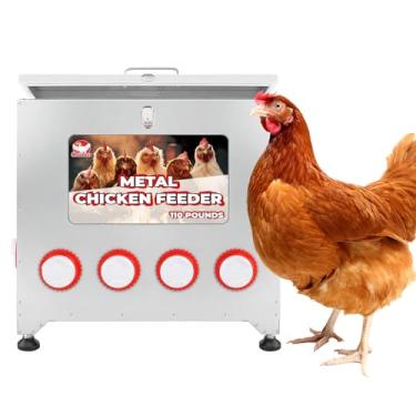 Imagem de Alimentador de frango galvanizado de 10 portas de 49,9 kg com altura ajustável, tampa de bloqueio e alças rebitadas, alimentador automático de galinha à prova de chuva de grande capacidade, sem