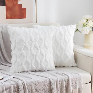 Imagem de Mimkus Conjunto de 2 capas de almofada de lã sintética 45,7 x 45,7 cm fronha quadrada de veludo branco macio de pelúcia curta fronha decorativa para sofá sala de estar