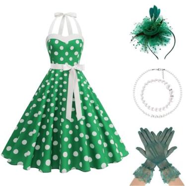 Imagem de HAPNBCELE Vestido feminino vintage anos 1950 com chapéu de cabelo, colares, luvas, vestidos de bolinhas frente única, roupa para chá e piquenique, Verde, X-Large