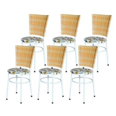 Imagem de 6 Cadeiras para Mesa Branca Hawai Palha Assento Floral - Laumar, Flora