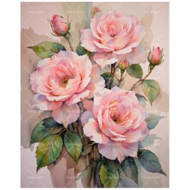 Imagem de DecorFriday Kit de pintura de rosas macias por números para adultos - Pintura de flores DIY em tela 40,6 x 55,8 cm, conjunto de tinta acrílica, adequado para iniciantes, ótimo para decoração de casa
