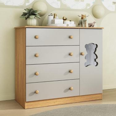 Imagem de Cômoda Infantil 95cm 1 Porta Com Vidro E 4 Gavetas Teddy Multimóveis Mp4489 Madeirado/off White Madeirado/off White