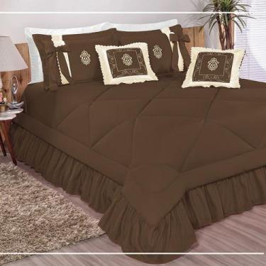 Imagem de Kit Cobre Leito Casal King Esplendore Bordado 7 Peças - Marrom - Borda