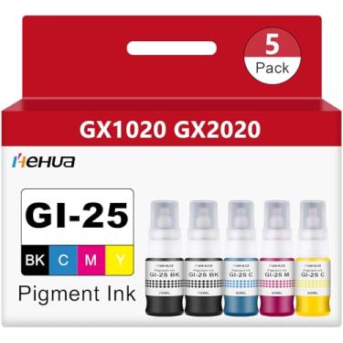 Imagem de hehua Garrafas de refil Pigment GI-25 de tinta GI25 (pacote com 5, 2B/C/M/Y, 260ml) Substituição para Canon 25 refil de tinta GI-25BK GI25 Funciona para impressora Canon MAXIFY GX2020 GX1020 MegaTank