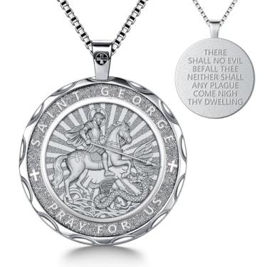 Imagem de Colar de São Jorge para homens e mulheres - Pingente de medalha de dragão matador de São Jorge banhado a cobre, amuleto de proteção cristã de ouro real banhado a cobre com versículo da Bíblia "There