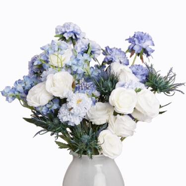 Imagem de Ingredmix Buquês de flores artificiais, hastes falsas, arranjos florais de rosa branca do mar lilás azevinho para decoração de escritório em casa, mesa de jantar, decoração de festa de casamento e