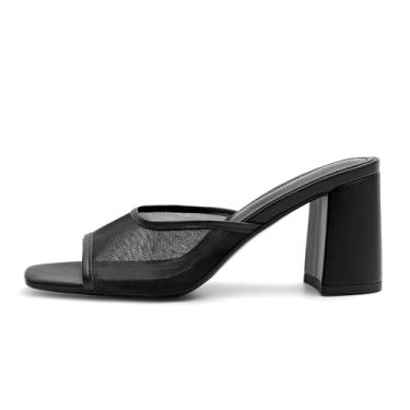 Imagem de WJZDSJCO Sandália de salto para mulheres, salto grosso, quadrada, bico aberto, sem cadarço, sapatos de festa confortáveis, Malha preta, 37