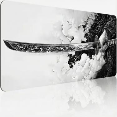 Imagem de Tapete de mouse para jogos, espada samurai cinematográfica, 80 x 29 cm, estampa HD, arte japonesa, tapete de mesa para jogos profissionais e escritório minimalista, antiderrapante, bordas costuradas