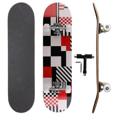 Imagem de Skate profissional de chute duplo, deck de bordo de 78,7 cm, rolamentos ABEC-9, rodas de poliuretano 95A, design gráfico personalizado (grade branco-vermelha, 78,7 cm)