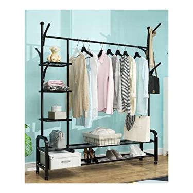 Imagem de Arara de roupas 4 em 1 corredor árvore com armazenamento de sapatos prateleiras de 5 camadas rack de roupas rack de roupas independente com haste superior com 6 prateleiras laterais (cor: branco