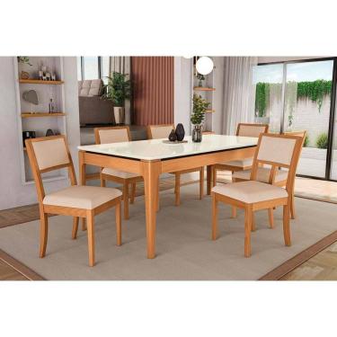 Imagem de Conjunto Mesa Mira Premium Madeira Maciça c/ Tampo Madeirado c/ Vidro 200x100cm e 6 Cadeiras Alice Carvalho/Off White - Linho Bege Argila Kappesberg
