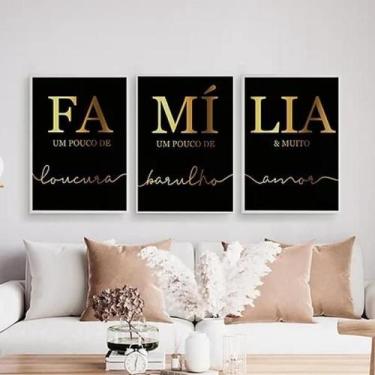 Imagem de Kit 3 Quadros Família Preto E Dourado 33X24Cm Madeira Branca - Quadros