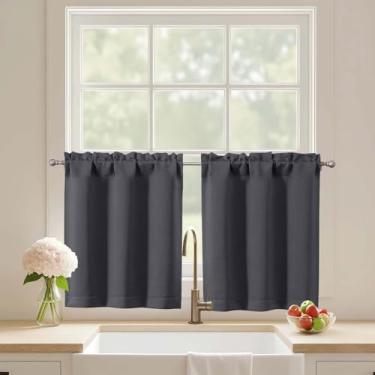 Imagem de Ebesto Cortinas curtas cinza carvão 61 cm de comprimento, 2 painéis, cortinas de janela de cozinha com isolamento térmico sobre a pia, cortinas de café com bolso de haste de meia janela para armário