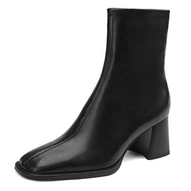 Imagem de TinaCus Bota feminina feita à mão, de couro legítimo, sexy, bico quadrado, salto médio, zíper lateral, casual, cano curto, Preto, 10 US