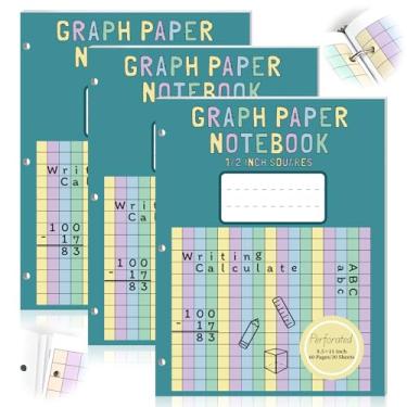 Imagem de Caderno de papel gráfico colorido com 90 folhas, 21,6 cm x 28 cm, papel quadriculado quadrado grande para fichário de 3 anéis, quadrados, grade de matemática, papel de escrita com 3 furos, para