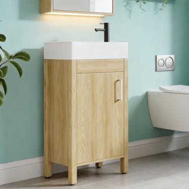 Imagem de Garvee Vaidade de banheiro moderna de 40 cm com pia, armário de pia de banheiro com 1 porta e 2 prateleiras, armário de armazenamento de banheiro independente, fácil de montar, natural