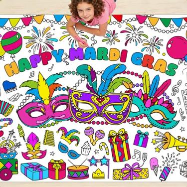Imagem de Pôster de toalha de mesa para colorir Mardi Gras – Toalha de mesa artesanal de carnaval para crianças, 182,88 cm x 76,2 cm, toalha de mesa gigante para colorir de papel para atividades de presentes