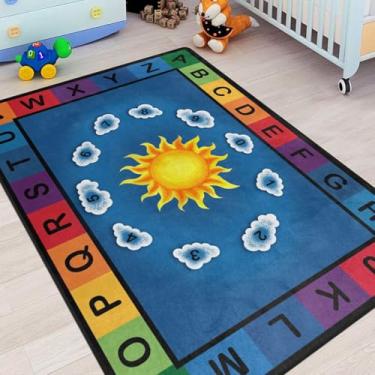 Imagem de Alfabeto Tapetes para sala de aula, tapete infantil de 1,7 m x 18 m com suporte de borracha, letras, sol, nuvem, aprender e brincar, tapetes de berçário para quarto de crianças, sala de jogos