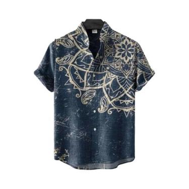 Imagem de Camisa Masculina Vintage De Linho Com Manga Curta E Estampa De Mandala