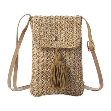 Imagem de Mini bolsa de praia de palha para mulheres bolsa de palha de tecido de verão linda bolsa tiracolo para telefone para mulheres, Caqui, Simplicidade