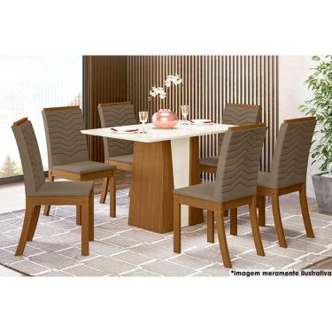 Imagem de Sala de Jantar Completa Orus Tampo Madeirado c/ Vidro 120x80cm e 6 Cadeiras Isa Nature/Veludo Light Bege Vanilla - Henn