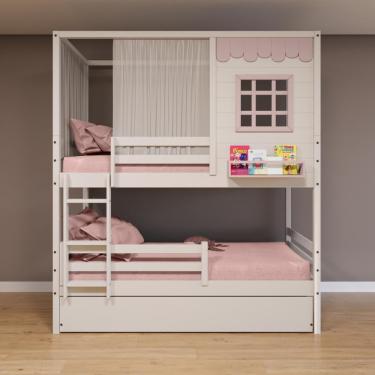 Imagem de Treliche Casinha Reta Com Grade Removível E Cortina Madeira Maciça Branco/ Rosa Housin