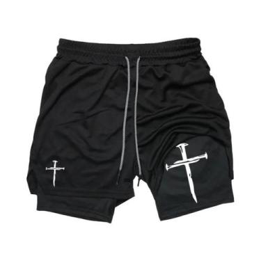 Imagem de Shorts De Corrida Masculinos Com Estampa De Cruz Cristã 2 Em 1 Para Tr