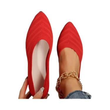 Imagem de Sapatilhas Femininas De Cor Sólida Com Bico Fino, Tricotadas, Slip-On,