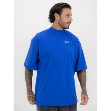 Imagem de Camiseta Oversized Gola Alta Estampada Básica Alto Relevo no Peito Streetwear Algodão Premium Azul R-Masculino