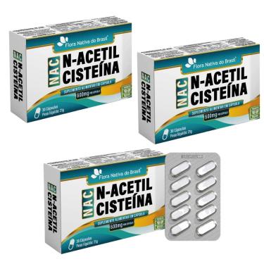 Imagem de Kit 3x NAC N-Acetil Cisteína 600mg 3x30 cps Flora Nativa-Unissex