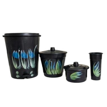 Imagem de Kit Organizador de Cozinha Bancada Preto Tulipas 4 Pecas Lixeira Pedal
