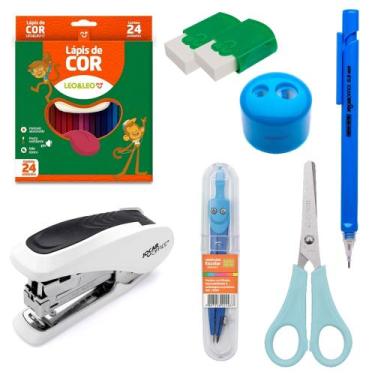 Imagem de Kit Material Escolar Grampeador Lapiseira Lapis De Cor Lapiseira e Com