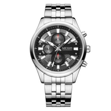 Imagem de Relógio Masculino Prata Cronógrafo com Pulseira de Aço Inox à Prova D'água Megir 24MM