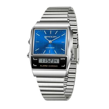 Imagem de Relógio Quartzo Masculino Analógico e Digital Pulseira Aço Inox à Prova D'água LED Prata Azul Sanda