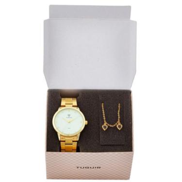 Imagem de Kit Relogio Feminino Tuguir Analogico Dourado com Pingente