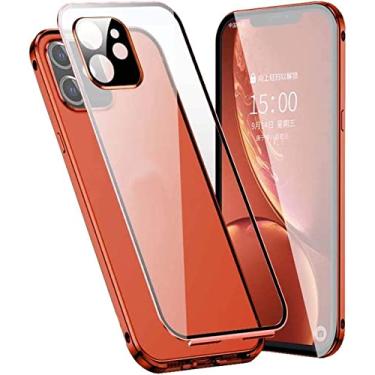 Imagem de HAODEE Capa magnética para Apple iPhone 12 (2020) 6,1 polegadas, moldura de metal transparente dupla face vidro temperado capa traseira de telefone (cor: laranja)