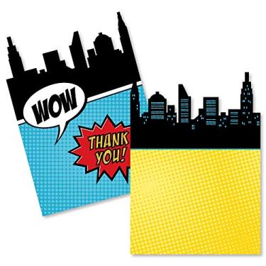 Imagem de Big Dot of Happiness Bam Superhero - Cartões de agradecimento em forma - Cartões de agradecimento para chá de bebê ou festa de aniversário com envelopes - Conjunto de 12