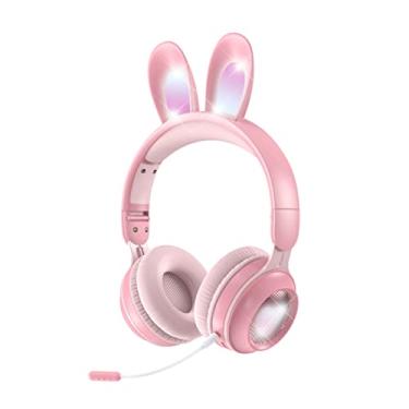 Imagem de Fones de ouvido de orelha de coelho sem fio com microfone, jogo fofo rgb estéreo jogo dobrável aux 3,5mm tf card hapntes de orelha excessiva ajuste infantil garotas pink